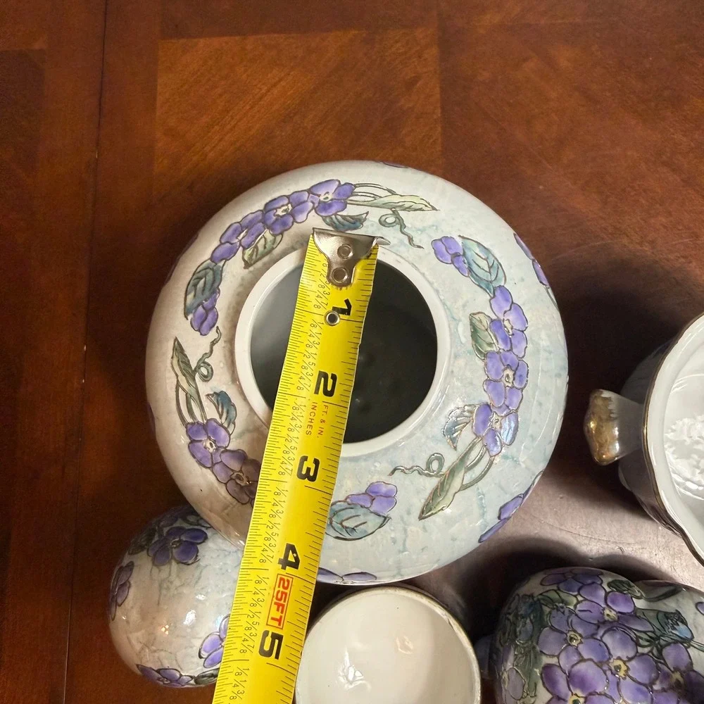 Purple‎ Floral Ceramic Decor Set  Vase Rabbit Egg Gold Trim Chinoiserie